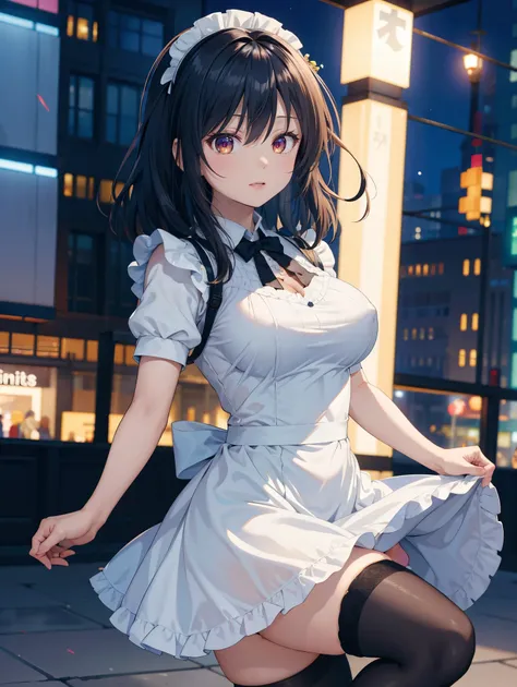  one woman、(( top quality)), ( Hi-Res), (( Very Detailed))、( Masterpiece)、A beautiful woman who looks like an adult、She is wearing a tight, transparent maid dress, a bra, and cute panties、(I'm wearing knee-high stockings)、(Dancing in the city)、Cute nipple ...