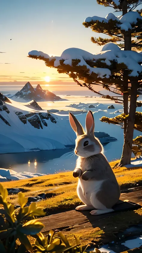 masterpicece, best quaility, Antarctica, afternoon, cute rabbit, warm atmosphere, detailed description, fairytale-like atmosphere, landscape