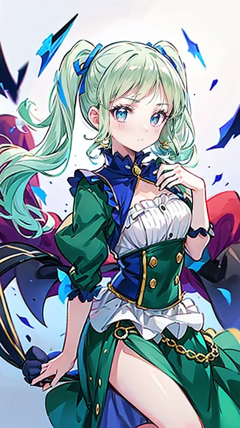 > "An anime-style girl with large almond-shaped emerald green eyes and long curled twin-tails in platinum blonde. Her bangs are slightly parted, revealing part of her forehead. She has an elegant and gentle smile, with a refined and aristocratic aura. She ...