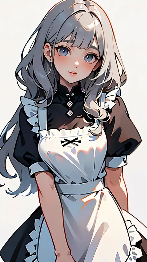  Masterpiece,  top quality ,  super quality next to each other ,  in the seat,  alone, A young, long-haired ,  curly hair ,  gray hair, blunt bangs ,  Tiny Breasts , neutral,  kind smile, sister,  Victoria is wearing a morning style white dress, Maid,  wom...