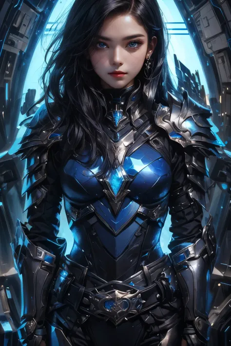 A beautiful woman staring at the camera with a tense expression 。Twenty years old。 dark boulan hair 。She's wearing black metallic armor 。 she has a belt with blue crystals embedded around her waist。She's in a spaceship。