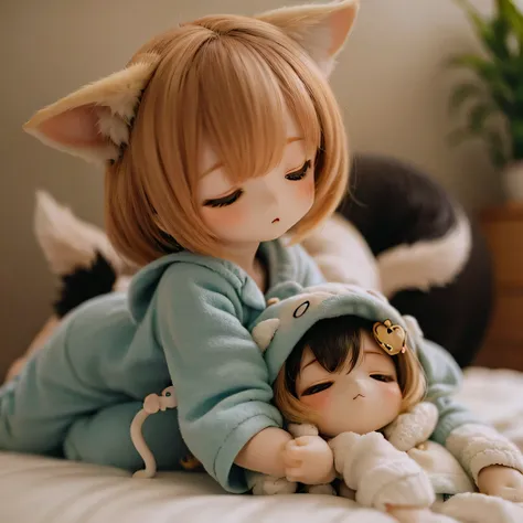 Shiba Inu girl sleeping in chibi pajamas、Girls sleeping in bed