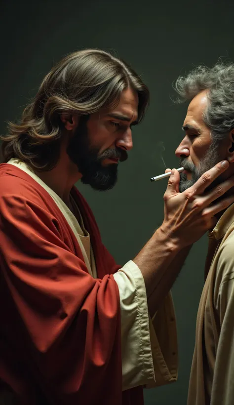 Jesus holding the cigarette in the man's hand, Stopping him from smoking in ultra realistic 