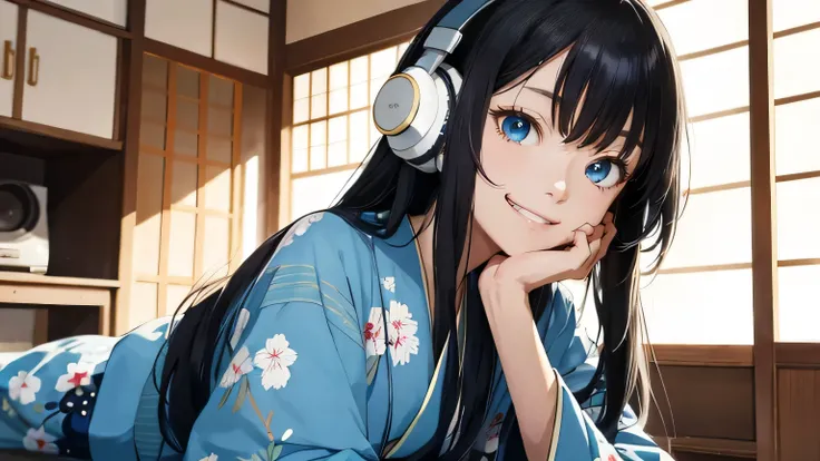  Ghibli style , cute girl, black, semi-long hair,sexy blue eyes,  sexy face,  light blue kimono ,Japanese clothing , big clothes,80's style, blue headphones, blackish blue eyes ,solo、upper body、、Japanese Scenery 、 bad smile、 grin 、 happily、 in the room