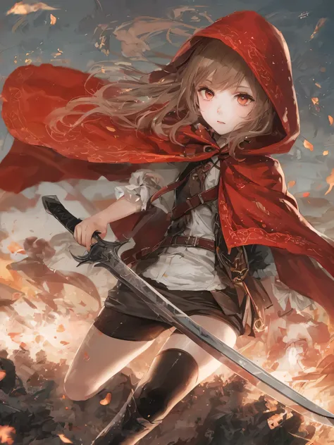 best quality,illustrations,beautiful detailed eyes,ultra-detailed,beautiful detailed glow,4k, very cute little red riding hood girl,full body,I am the bone of my sword,Steel is my body, And fire is my blood,I have created more than 1000 blades,Beware of lo...