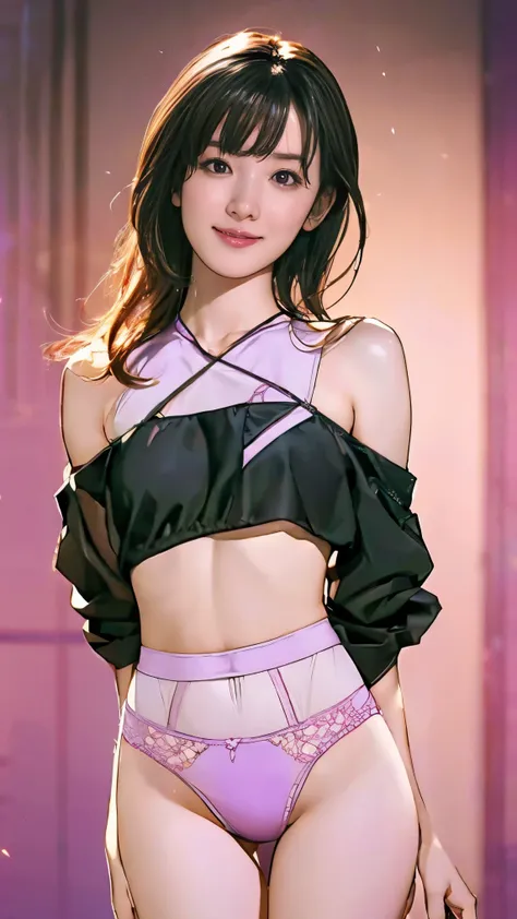   high-definition CG Unity 8k wallpaper， Very Delicate and Beautiful ，Wear sexy panties and bras made in a light purple and black collaboration:1.5， beautiful smile:1.5， upper body:1.5, (flat chest:1.4), nsfw