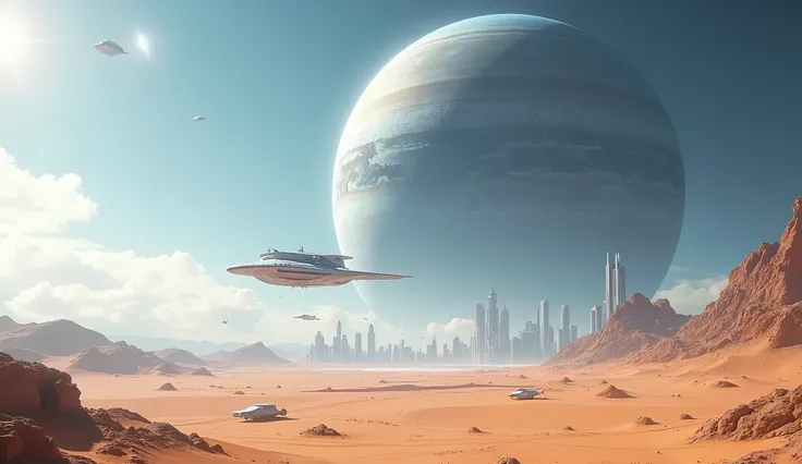 desert, blue sky with giant planet in sky, futuristic city skyscraper, spaceship across the sky, HD, realistic, photo realistic, time day, 4k