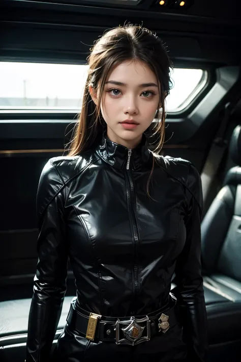 A beautiful woman looking at the camera with a challenging expression. Twenty years old. facial details. Beautiful double eyes. The bridge of my nose. Well-shaped lips. Dark brown hair. She wears a black metallic battle uniform. There is something on his w...