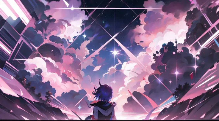 background anime space, stars, and light effects, Cores Roxas, pink and blue