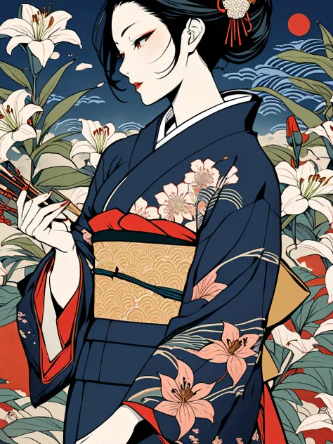 ukiyo-e,  Super Complex High Details ,   beautiful traditional Japanese culture,  Kimono with Lilies pattern