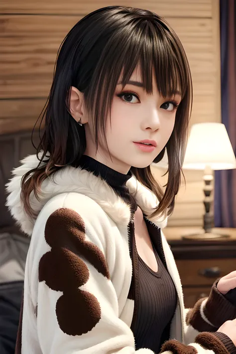 A young woman with light brown hair tied up loosely, wearing a plush fur coat with an irregular cow print pattern in creamy white and deep brown. She has a delicate facial structure, soft eyes, and a gentle expression. The background features a modern inte...