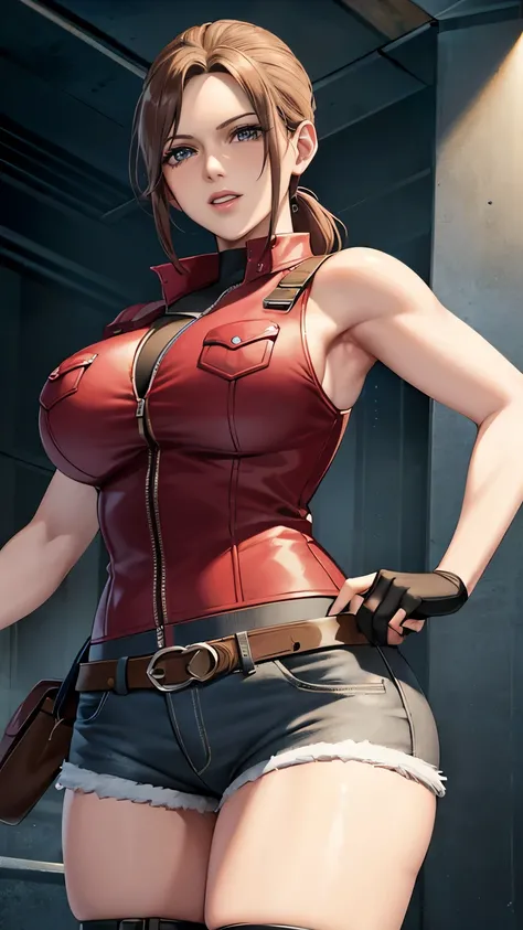 Claire redfield da resident evil,(best quality, 4K,8k,high resolution,work of art:1.2)(weather: sunset), city ruins background, police station, wide hips, long curly hair, short ponytail hair, brown hair, freckles, sleeveless top, short sleeve red jacket, ...