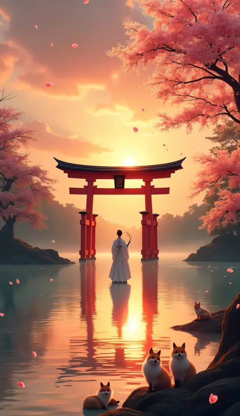 Image Prompt:
A majestic red Torii gate stands in the middle of a calm lake, reflecting the golden hues of a sunset sky. A white-clad Shinto priestess, holding a sacred branch of sakaki, stands before it in prayer. Cherry blossom petals float through the a...