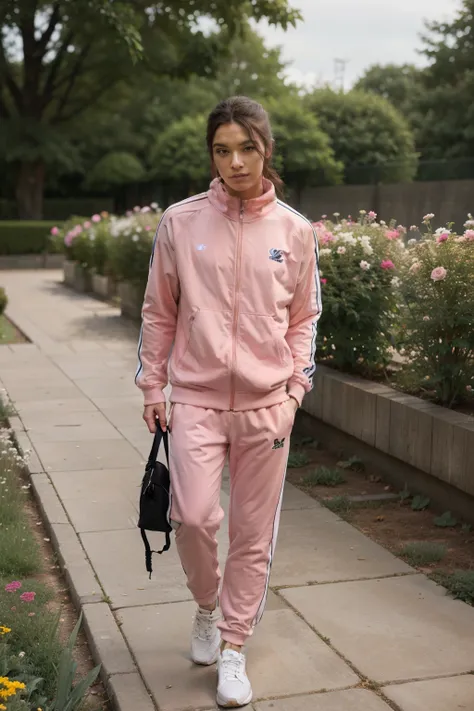 Wear a tracksuit in a flower garden 