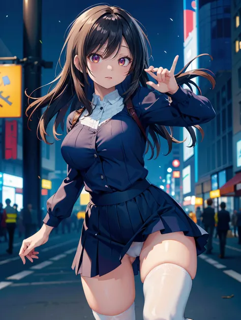  one woman、(( top quality)), ( Hi-Res), (( Very Detailed))、( Masterpiece)、A beautiful woman who looks like an adult、She is wearing tight, transparent young lady clothes, a bra, and cute panties、(I'm wearing knee-high stockings)、(Dancing in the city)、Cute n...