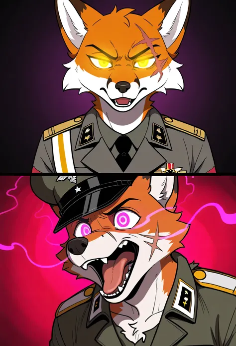 male, anthro, fox, army sargent, scars on face, serious expression, before and after mind control, glowing hypnosis eyes, open mouth, tongue, drolling, ripped clothes, submissive