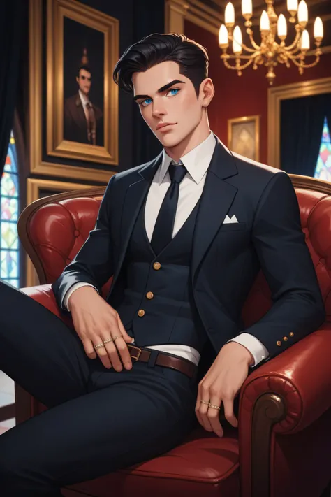 A noble man in his late twenties or early thirties sits confidently in a dark red leather armchair. The man is centered and slightly leaning towards the viewer and has a serious posture. He is dressed in a black suit. He has black hair and blue eyes.  His ...