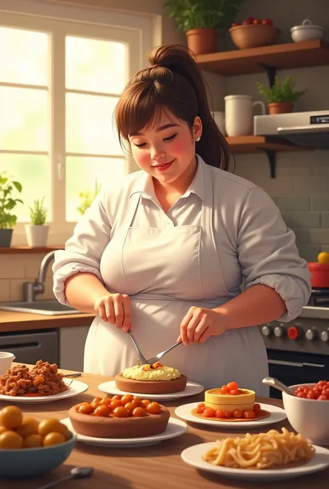 Create images of a fat young woman in the kitchen wearing a cooking suit and cooking salty food and cake 