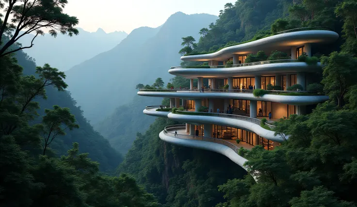 Large, Curvaceous Concrete Futuristic Architecture, Many Trees on Each Floor, Curvaceous, on the Mountainside. Rainforest. Night Scene and Light.