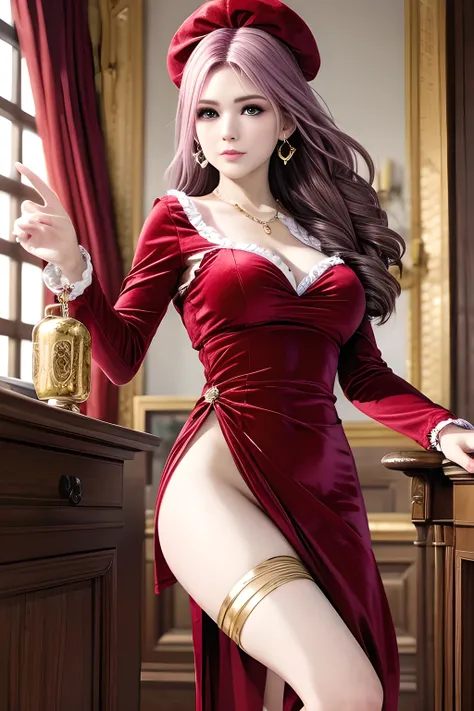 (1girl:1.5) , Dressed in luxurious red (velvet long-sleeved dress: 1.5), she has an elegant pose and gazes forward. She has flowing wavy hair and wears delicate earrings that complement her classical look. The background is a cozy vintage interior with whi...