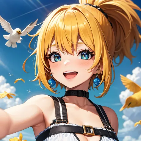 Create vibrant cover art featuring a solo girl with bright yellow hair styled in a playful ponytail, adorned with colorful, mismatched hairpins that reflect her cheerful personality. She wears a light, airy sundress with sun and cloud patterns, giving her ...