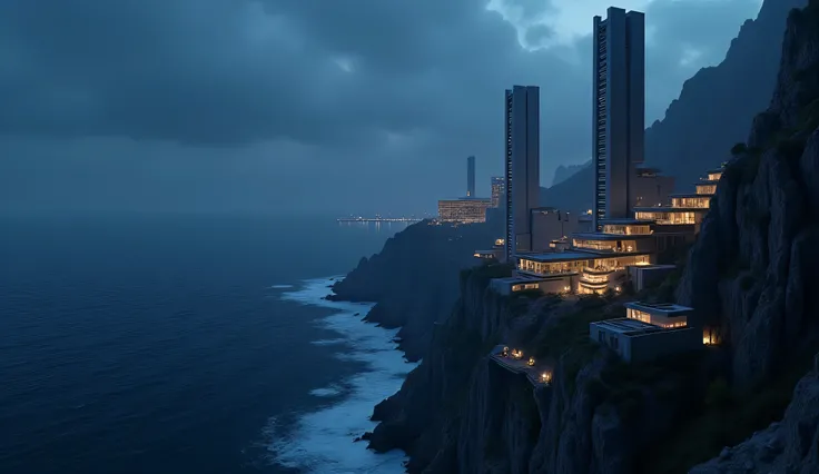 Futuristic architecture on the mountainside. Sea. Concrete. Night scene and light.