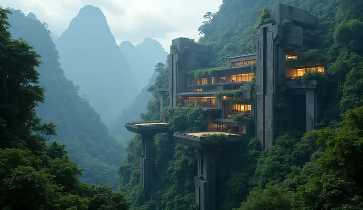 Large, Massive Concrete Futuristic Architecture, Lots of Trees on Each Floor, on a Mountainside. Rainforest. Night Scene and Light.