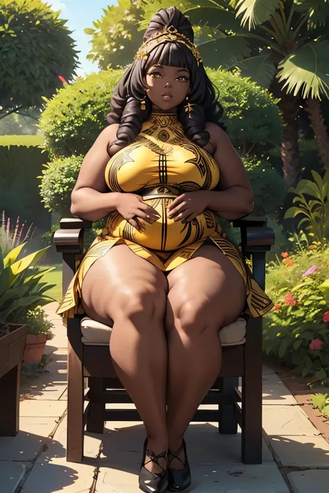 A Beautiful fat black woman standing in a garden wearing a golden dress, black Power hair, fat body, (thick body), african garden, afrofuturism aesthetic, ultra quality, masterpiece, sitting on a wooden chair, 