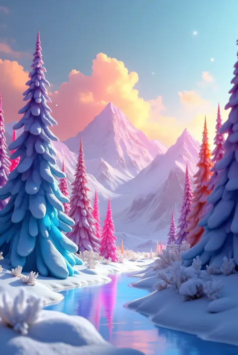 colourful geometric abstract art of a magical fantasy winter landscape, 3d, Develop a fantastic winter scene ,  with crystal trees and brightly colored mountains , where each geometric element represents a positive emotion and the expansion of consciousnes...