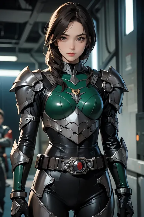 A beautiful woman wearing armor that protects her entire body. Armor is black. The woman is 20 years old, with dark brown hair. There is something on his waist that is reminiscent of Kamen Rider's transformation belt. She is looking at the camera with a se...