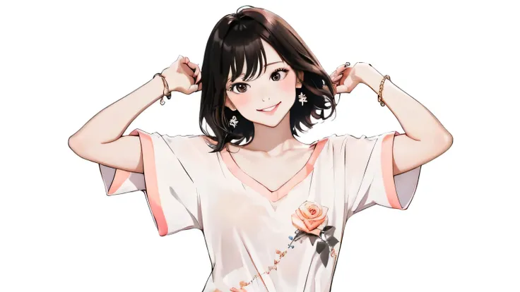 (masterpiece:1.1), best quality, vivid, Sweet girl portrait,
1girl, solo, small earrings, bangs, medium hair, rose, nail polish, peach nails, medium breast, sexual appeal, High contrast, full body, black hair, short hair, looking at viewer, cleavage, smir...