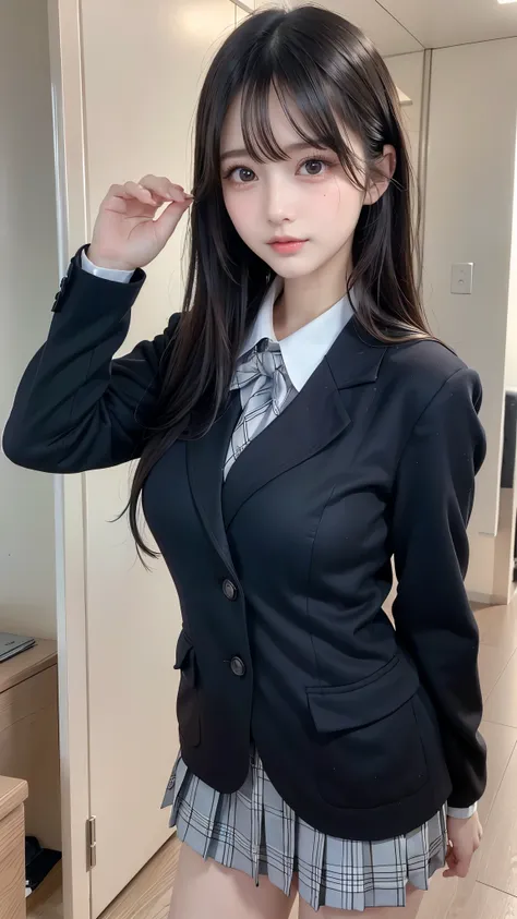 masterpiece, best quality, illustration, Super detailed, fine details, High resolution, 8K,wall paper, perfect dynamic composition,(Details High quality, realistic depiction of eyes:1.3), Upper body, front view, locker room、Leaning against a locker, Raise ...