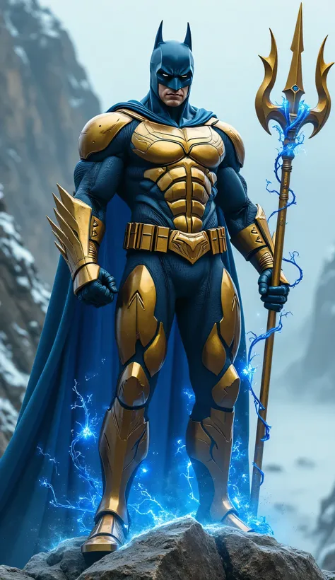  Batman fusion with Aquaman, realistic, 8k, high quality, hyper realistic, Aquaman Golden outfit, Blue rage in Outfit, blue  lightening, blurred background on the top of mountain, stormy weather, he grips a golden trident, Batman dark blue mask, blue vines...