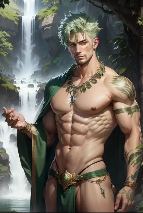 
  thong,  masterpiece,  ultra-tall details ,  a handsome Druid prince with green hair muscular fractal,  short green hair, topless, ( wearing green jeweled wardrobe ), realistic, Waterfall background , clear environment