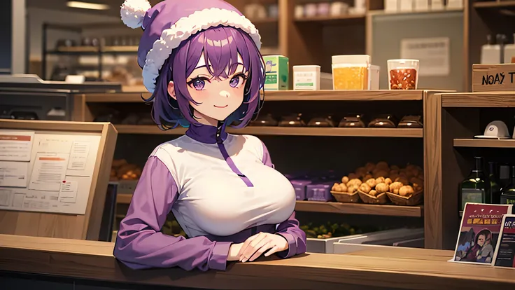 Short purple hair, small breasts, behind the store counter, smiling, store owner, wearing a light purple fluffy hat, wearing a purple short sleeve shirt with a deep purple long sleeve underneath, cute, 8k quality, anime, resting his chin on his back, girl ...