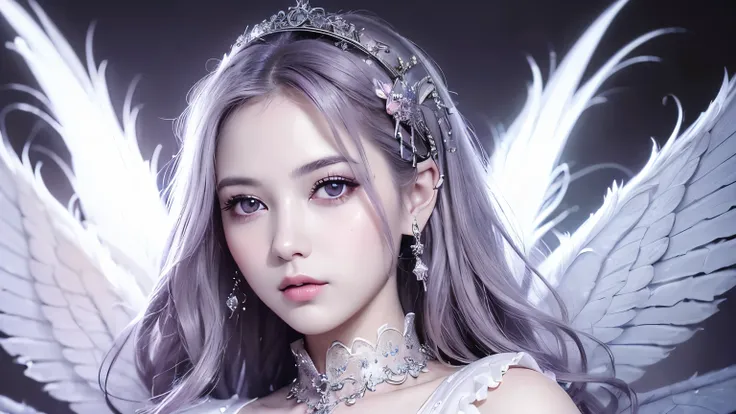 (born,  top quality,  Masterpiece:1.5), ( Realistic Like the Picture Complicated Details :1.2) Super high resolution, one absurd girl, beautiful face, round face, purple, fine eyes, symmetrical eyes, silver-haired fairy shining on her face　 magic 　 monochr...