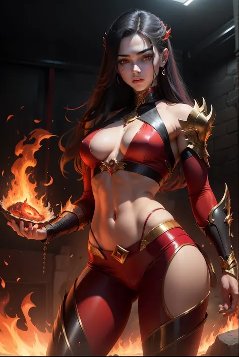 
 An eighteen year old boy, god of fire,  with red eyes.  Her body exudes an aura of sexuality and power.  Her clothing is detailed in red ,  exposed chest pants,  sensually displaying her physique .  Her legs are shown , surrounded by fire and lava .