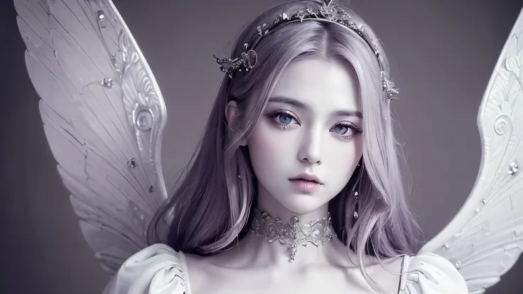 (born,  top quality,  Masterpiece:1.5), ( Realistic Like the Picture Complicated Details :1.2) Super high resolution, one absurd girl, beautiful face, round face, purple, fine eyes, symmetrical eyes, silver-haired fairy shining on her face　 magic 　 monochr...