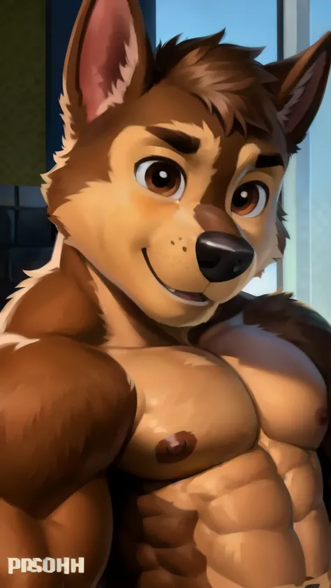  detailed fluffy fur texture,  impasto-impressionism , (authors foxovh, Ross Tran, Mikhail Garmash , Pinot Daeni, A SPARK),  detailed eyes ,  highly detailed pupils , Single, fluffy, antro, Chase-PP , domestic dog, pectoralis major muscle, male dog,  brown...