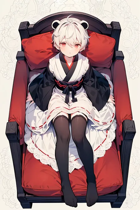 ((A boy:1.3)),((handsome Gay:1.2)),(( An Adult Man :1.15)),short Karl hair,White hair,(lace pattern background:1.25),((top view:1.0)),(lie on the couch:1.15),((shrine maiden style dress:1.1)),(black and white voluminous dress with frills:1.15),((lace Headd...