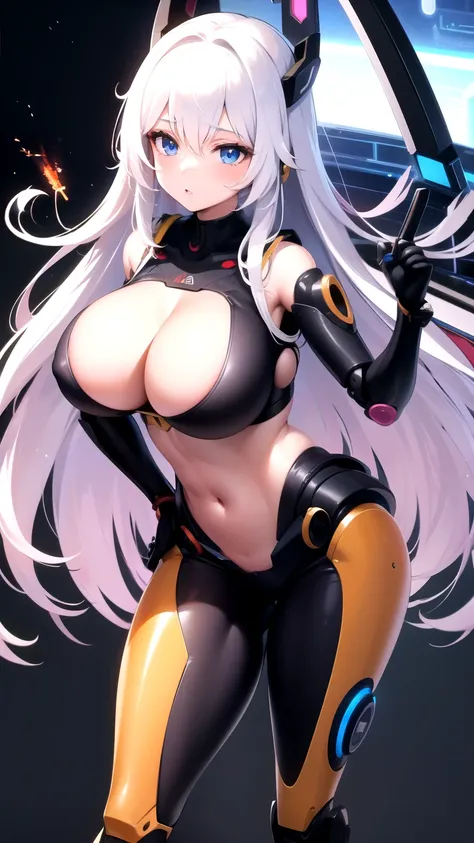 (( better quality)), (( Masterpiece )), ( in detail),  1girl, robot,  drones with long white hair ,  blue eyes,  bud with big breasts,  uses plasma katana, and 