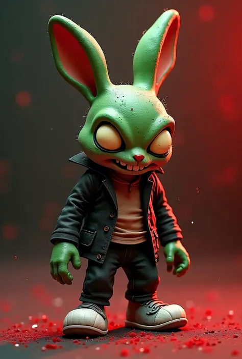 Dark Cartoon Poudreux . Couleur Rouge Argile Noir . Diorama Absolue . Un Zombie Vampire aux Crocs Blanc Argent Agressif . Posture Sauvage . Costume Dechiré . Ecran advertising Jaune Neon  . Diorama Details Graphique Haute Qualité . Dark Green Bunny .