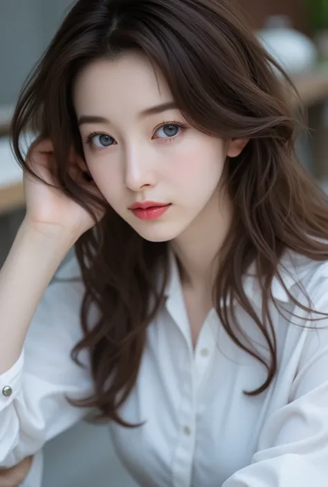 (best quality,highres,ultra-detailed),((portrait )),a portrait of a slender east asian woman with long, wavy brown hair, wearing a white shirt. She is sitting down with one hand resting on her head, slightly tousling her hair, which partially falls across...