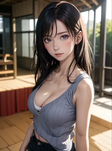 (in 8K, top-quality, ​masterpiece:1.2), (realisitic, Photorealsitic:1.37), ultra-detailliert, Natural sunlight, mideum breasts, I can see the cleavage, 1 persons, 25 year old woman, Dark hair, Pendants, Torn shorts, Light Knit V-Neck Shirt, At the time of ...