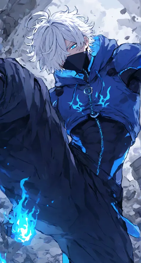 1boy, ((cropped zipper hoodie:1.7)), ((blue and black bodysuit)), white hair, hair over one eye, messy hair, ahoge, baggy pants, side kick, black ninja mask, rubble background, blue shine eyes, blue fire,