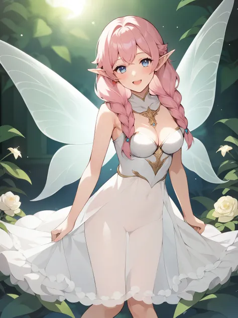  score_9,  score_8_ up the side,  score_7_ up the side, zPDXL3, ,Anime，nsfw，  uncensored，  A young and beautiful fairy with a smile , Flowing,  metallic pink hair that reaches the knee ,  hair braided in many parts .  fairies have whitish pink skin and 「’」...