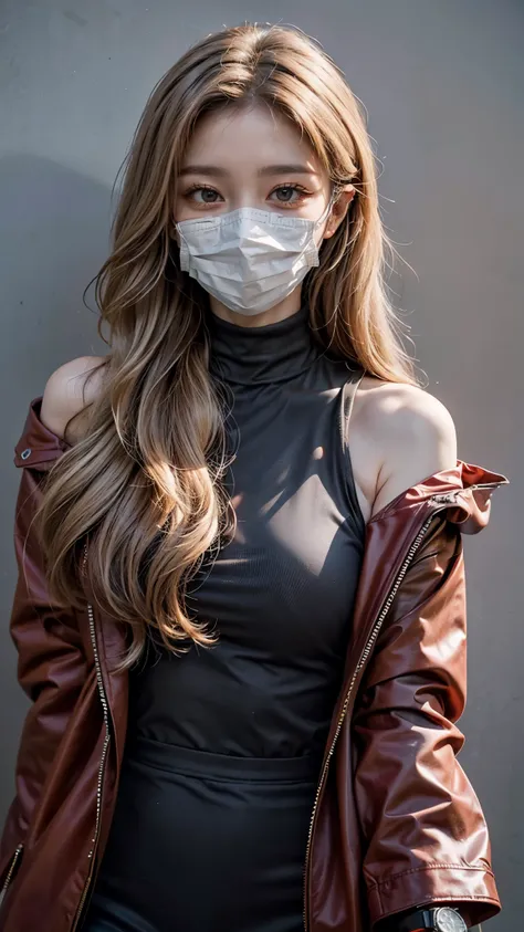 Girl wearing, luxury red coat, shoulder length hair, wavy hair, glowing skin, star in eye, grey background, cute poses , Turtle neck collar design, sleeve less, light blonde hair , wearing black mask , face mask , light blonde hair , wearing black mask, we...