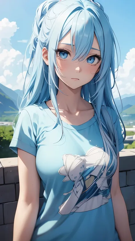 Anime girl character with flowing soft blue hair, and wearing a T-shirt, with a cute expression (best quality:1.1), (masterpiece:1.2), high quality shadow, beautiful detailed, (high detailed skin, skin details), (wide_landscape, 8k), beautiful face, detail...