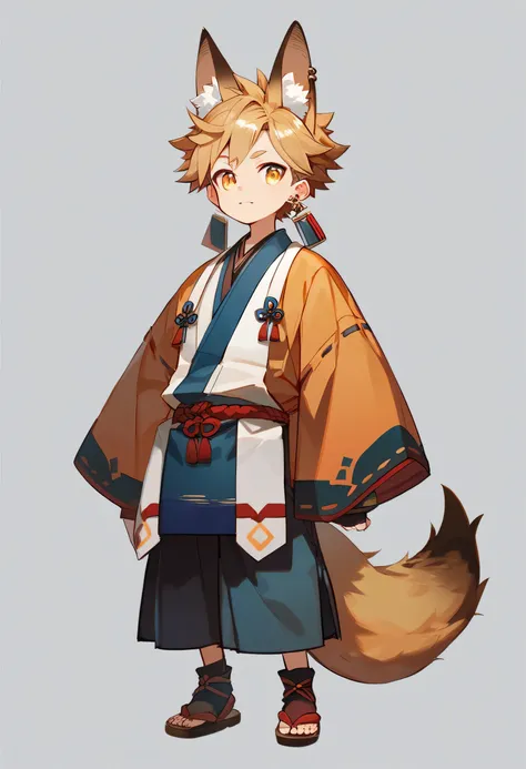  smiles,  simple background, solo,  golden eyes,  earrings, tooth,  illustration ,  male, young, blonde, standing picture, whole body,Fox Ears, fox tail,front,Down to the toes