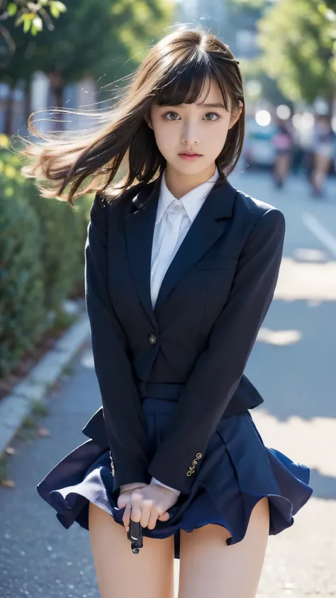 (((An innocent and cute junior high school student))), (The strong wind makes the skirt flutter:1.4), ((  in a suit and has a very cute face 、 underwear with my gun :1.5)),  Beautiful Bob Cut , Immersion,  beautiful eyes,  ultra high resolution, (( thin th...